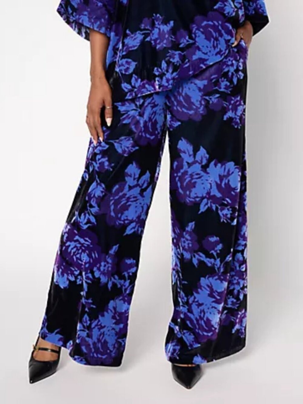 Carla Rockmore REG Pull-On Printed Velvet Wide Leg Pant, Blue Sz  a710996
